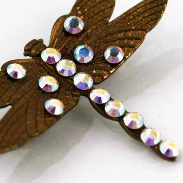 Gold Tone Rhinestone Dragonfly Brooch Pin Colorful Accents