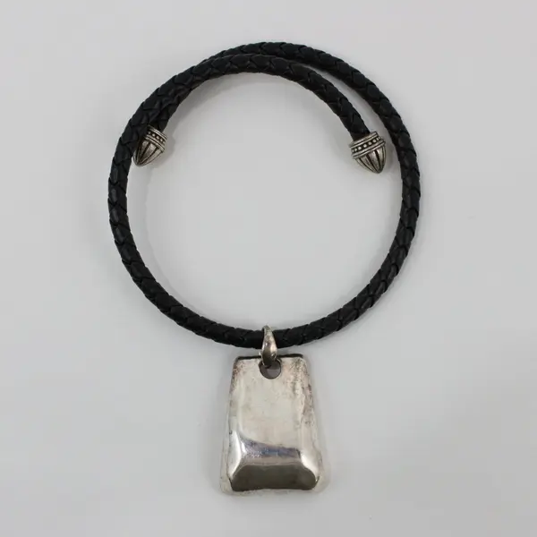 Chico's Black Braided Leather Pendant Necklace Silver Tone Geometric