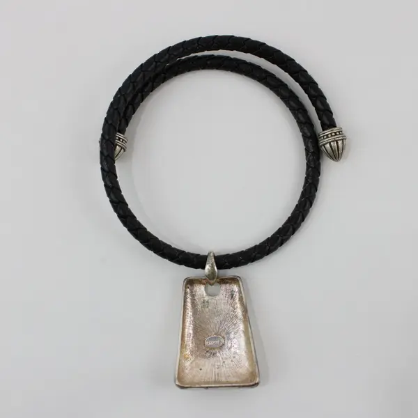 Chico's Black Braided Leather Pendant Necklace Silver Tone Geometric
