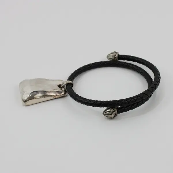Chico's Black Braided Leather Pendant Necklace Silver Tone Geometric