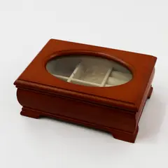 Wooden Jewelry Box Etched Glass Top Oval Window Raised Feet 7"