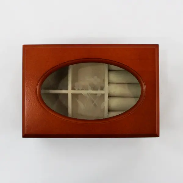 Wooden Jewelry Box Etched Glass Top Oval Window Raised Feet 7"