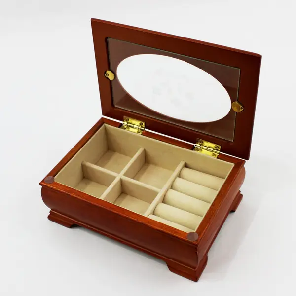 Wooden Jewelry Box Etched Glass Top Oval Window Raised Feet 7"