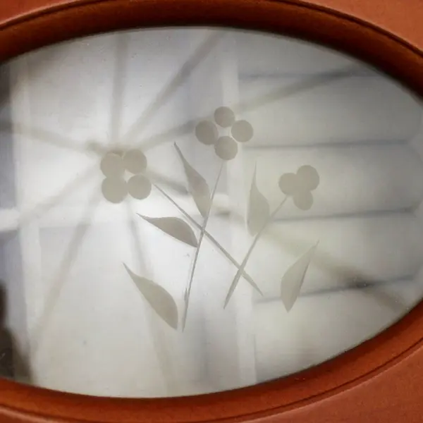 Wooden Jewelry Box Etched Glass Top Oval Window Raised Feet 7"
