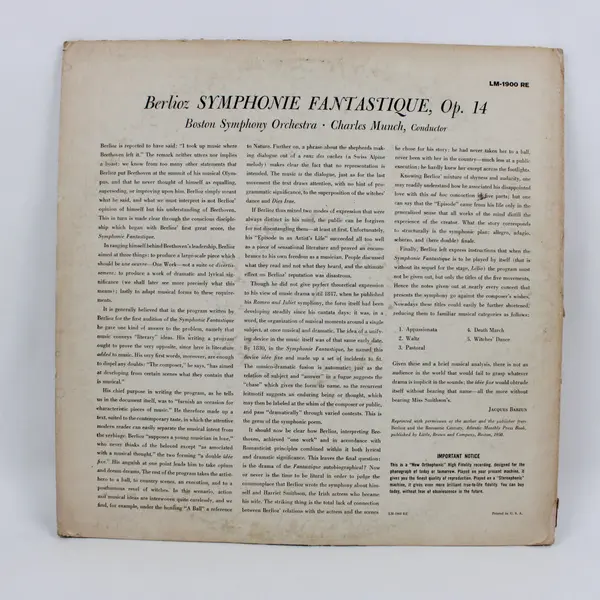 RCA Victor LM 1900 Berlioz Symphonie Fantastique Munch Boston Symphony  12" 