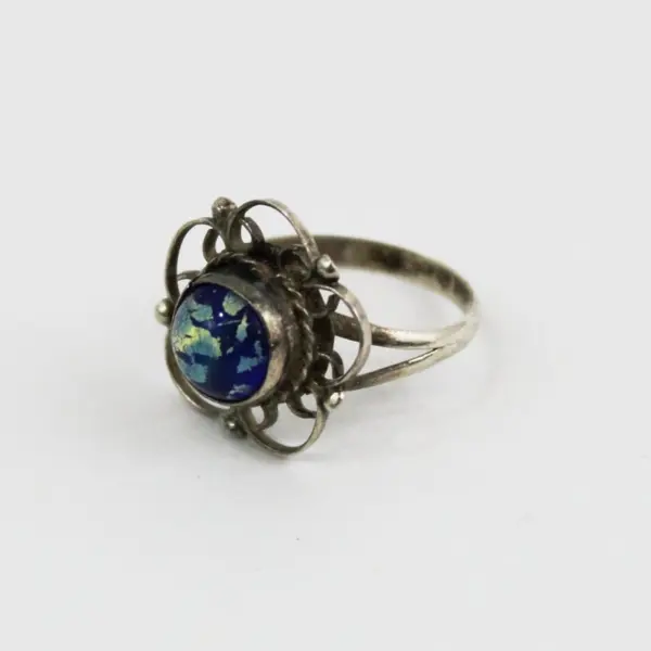 Vintage Silver Tone Filigree Dichroic Glass Girls Ring Size 2.5 Mexico