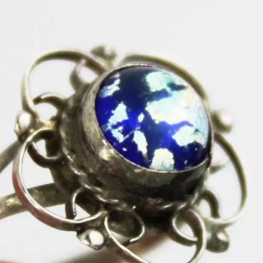 Vintage Silver Tone Filigree Dichroic Glass Girls Ring Size 2.5 Mexico