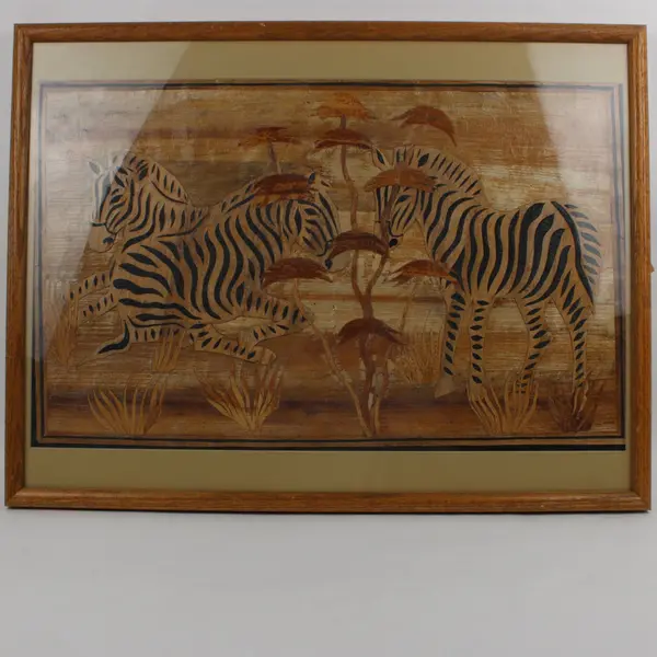 East African Zebra Framed Artwork Banana Leaf Natural Fiber Mixed Media