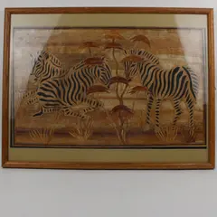 East African Zebra Framed Artwork Banana Leaf Natural Fiber Mixed Media