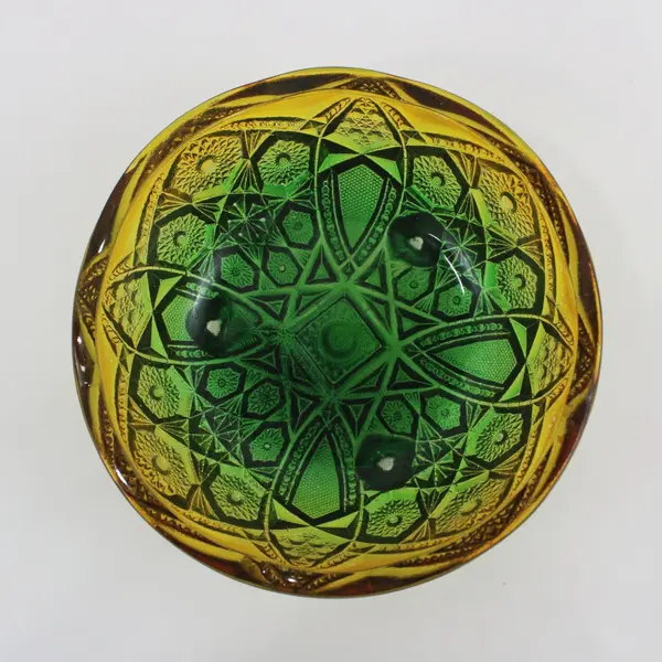 Vintage Jeannette Fentec Glass Amber And Green Footed Bowl