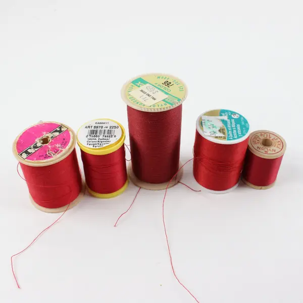 Lot of 5 Red Sewing Quilting Thread Spools Mixed Material