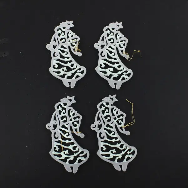 Set of 4 White Glitter Christmas Tree Ornaments Holiday Decor