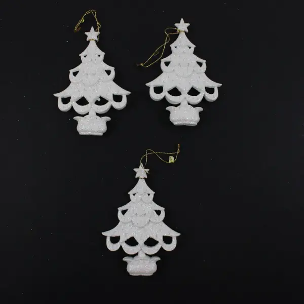 Set of 3 White Christmas Tree Ornaments Star Toppers Glitter Gold Cords