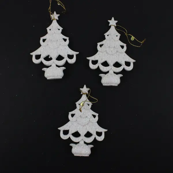 Set of 3 White Christmas Tree Ornaments Star Toppers Glitter Gold Cords