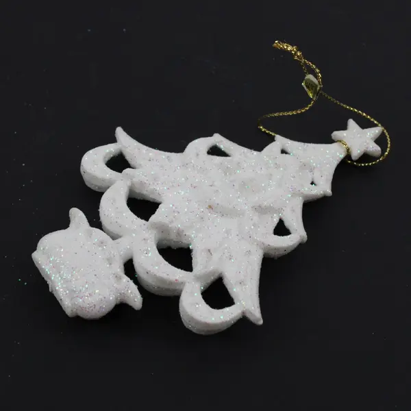Set of 3 White Christmas Tree Ornaments Star Toppers Glitter Gold Cords