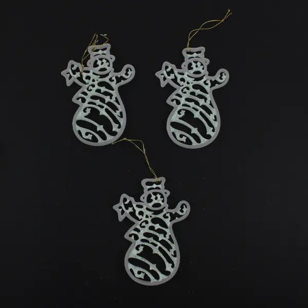 Set of 3 White Glitter Snowman Christmas Tree Ornaments Plastic