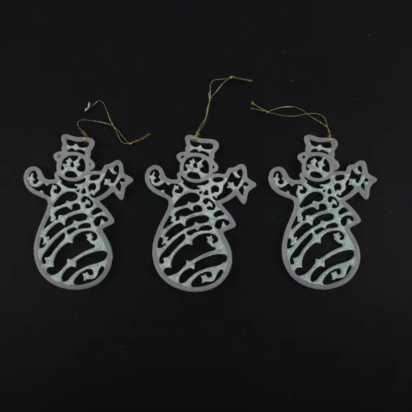 Set of 3 White Glitter Snowman Christmas Tree Ornaments Plastic