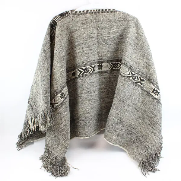 Women's Handmade Black White Knit Poncho One Size Fringe Flawed