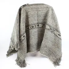 Women's Handmade Black White Knit Poncho One Size Fringe Flawed
