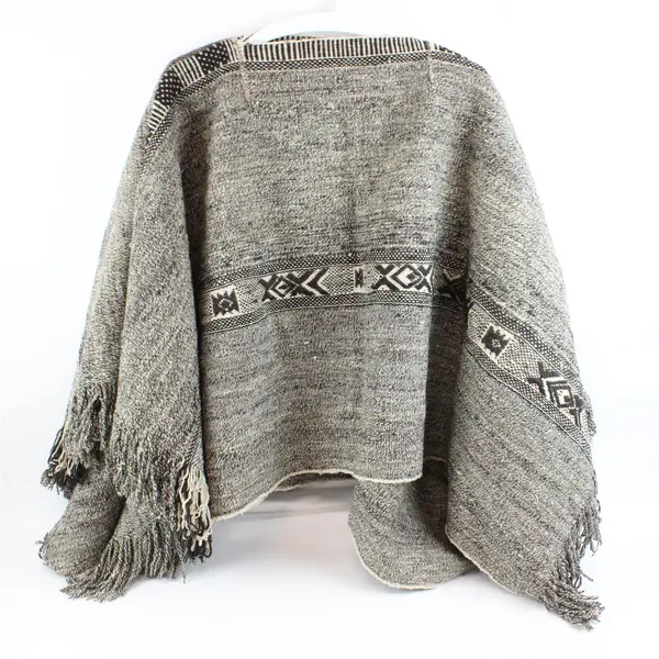 Women's Handmade Black White Knit Poncho One Size Fringe Flawed