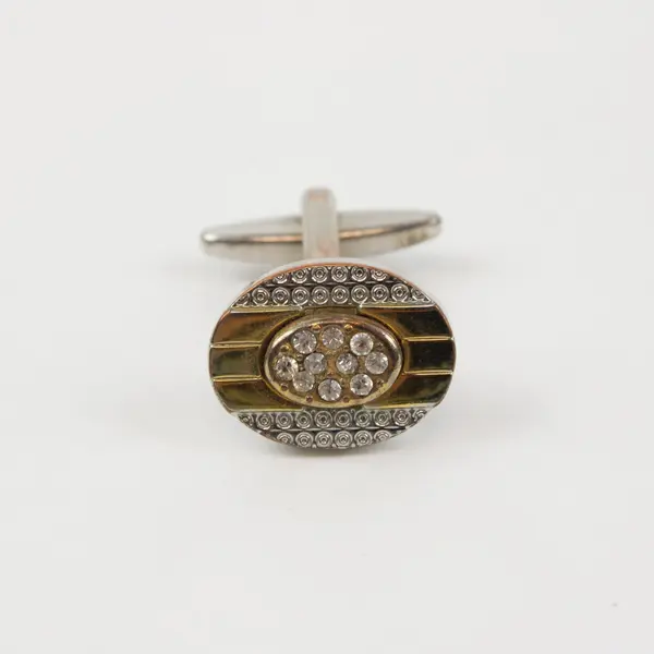 Men's Silver Gold-Tone Oval Cufflink Clear Stones Two-Tone