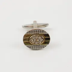 Men's Silver Gold-Tone Oval Cufflink Clear Stones Two-Tone
