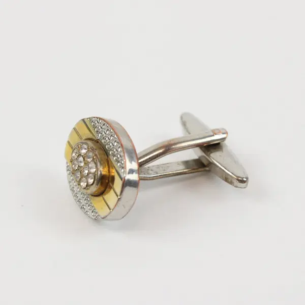 Men's Silver Gold-Tone Oval Cufflink Clear Stones Two-Tone