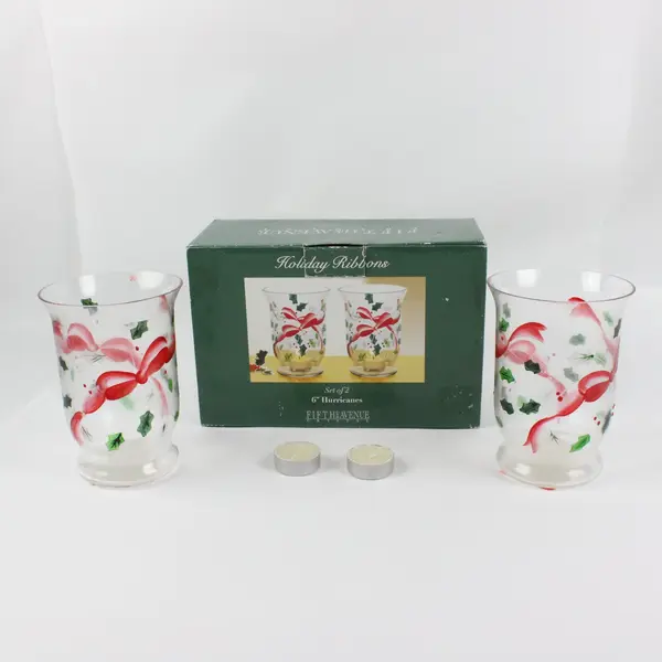 Set of 2 Fifth Avenue Holiday Ribbons 6" Glass Hurricane Candle Holders