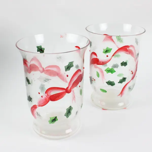 Set of 2 Fifth Avenue Holiday Ribbons 6" Glass Hurricane Candle Holders