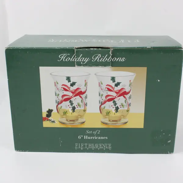 Set of 2 Fifth Avenue Holiday Ribbons 6" Glass Hurricane Candle Holders