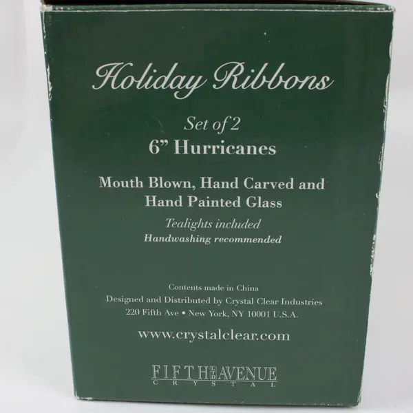Set of 2 Fifth Avenue Holiday Ribbons 6" Glass Hurricane Candle Holders