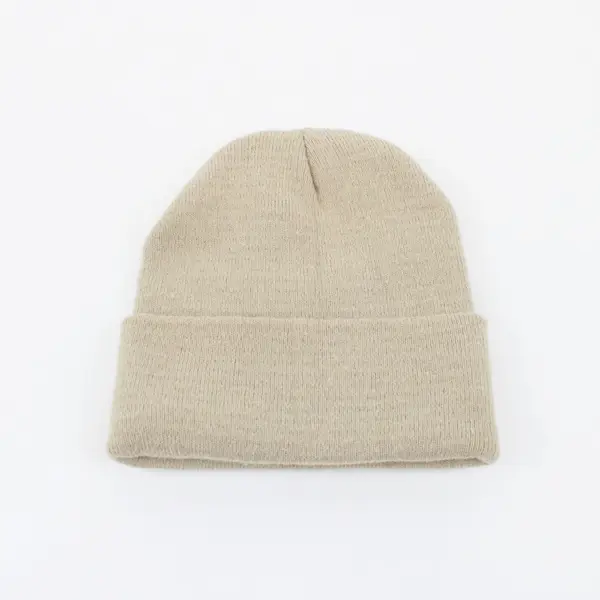 Tan Knit Fold-Over Beanie 100% Acrylic Winter Hat OS