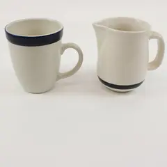 Lot of 2 Gibson Stoneware Mug & Creamer Set White Blue Stripe