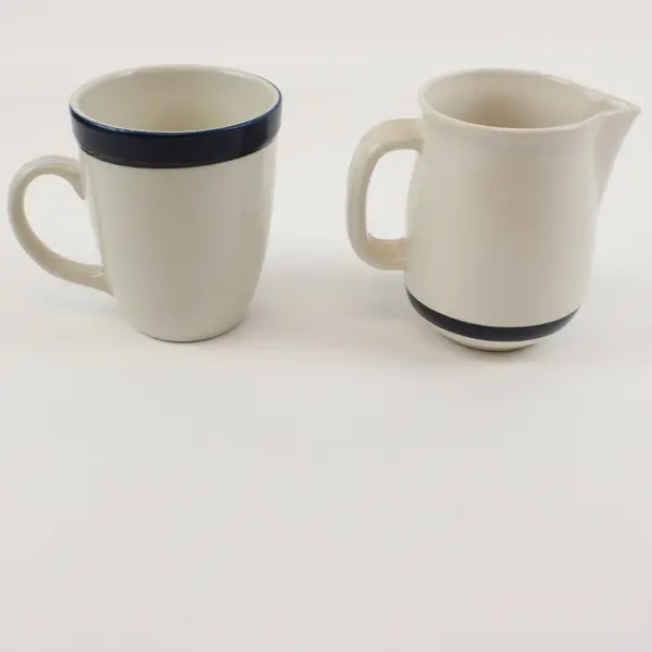 Lot of 2 Gibson Stoneware Mug & Creamer Set White Blue Stripe