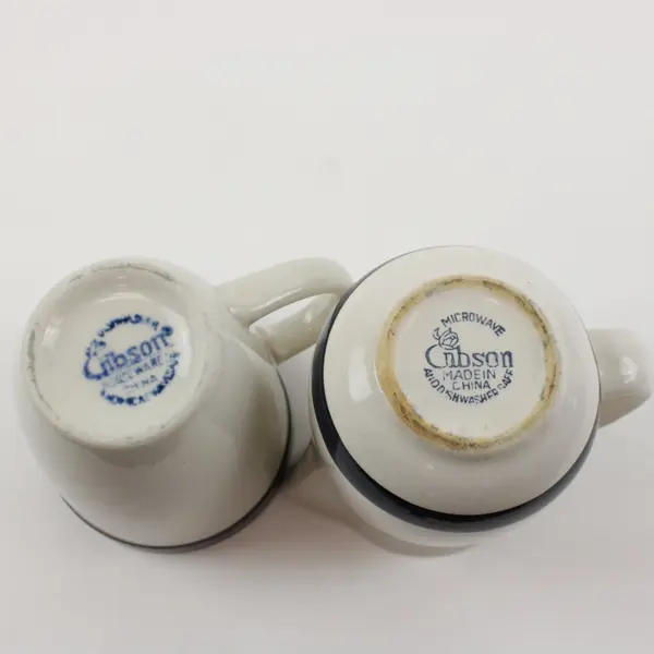 Lot of 2 Gibson Stoneware Mug & Creamer Set White Blue Stripe