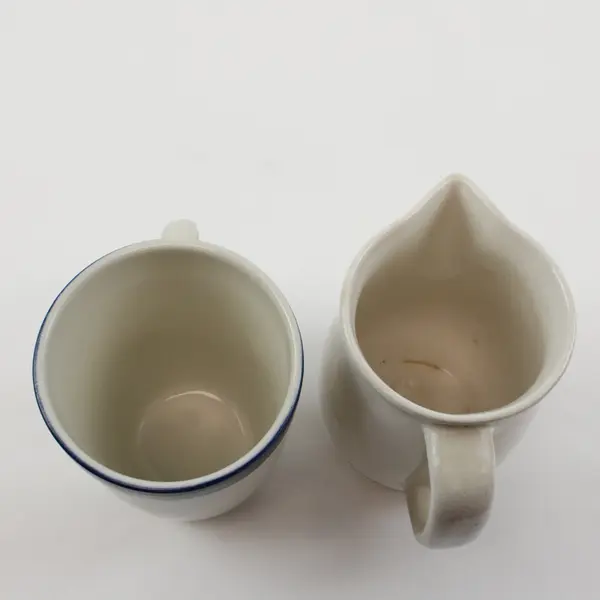 Lot of 2 Gibson Stoneware Mug & Creamer Set White Blue Stripe
