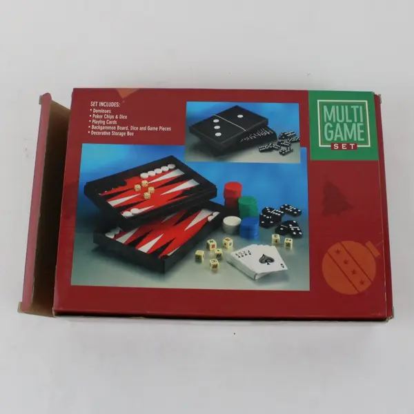 Macy's Multi-Game Set Backgammon Dominoes Poker Chips Dice Playing Cards Used