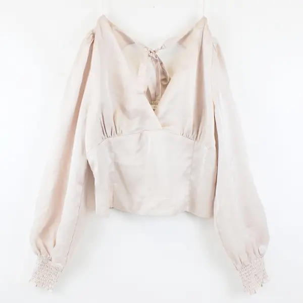 Lush Women's Large Pale Pink Cropped Smocked Top Balloon Sleeves
