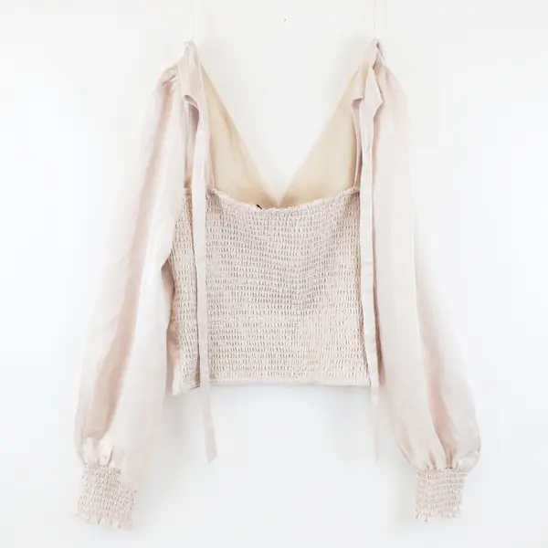 Lush Women's Large Pale Pink Cropped Smocked Top Balloon Sleeves