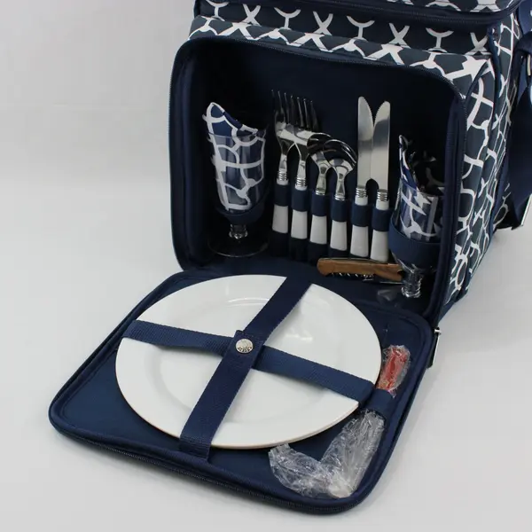 Picnic at Ascot Insulated Picnic Basket Set Navy White Flatware Glassware