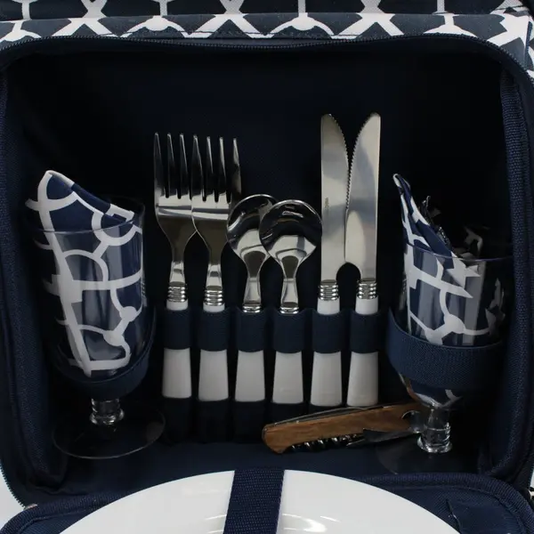 Picnic at Ascot Insulated Picnic Basket Set Navy White Flatware Glassware