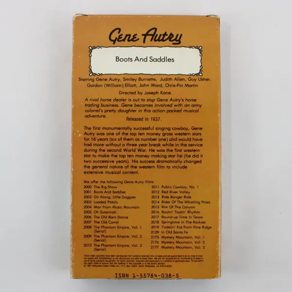 Hollywood Select Video Gene Autry Boots and Saddles VHS Western 1987 HSV2001