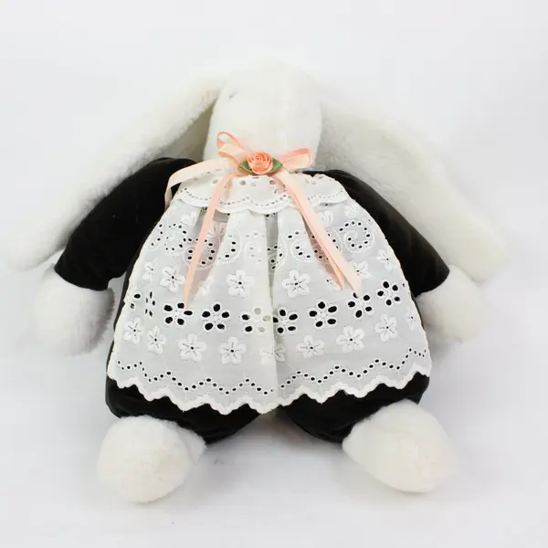 Plush Bunny Stuffed Animal White Eyelet Apron Pink Ribbon Floppy Ears