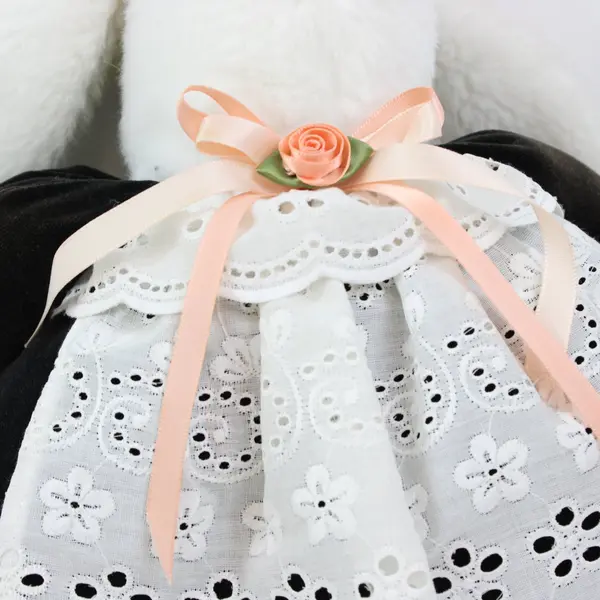 Plush Bunny Stuffed Animal White Eyelet Apron Pink Ribbon Floppy Ears