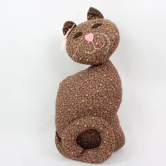 Brown Floral Fabric Cat Plush Stuffed Animal 16in Embroidered