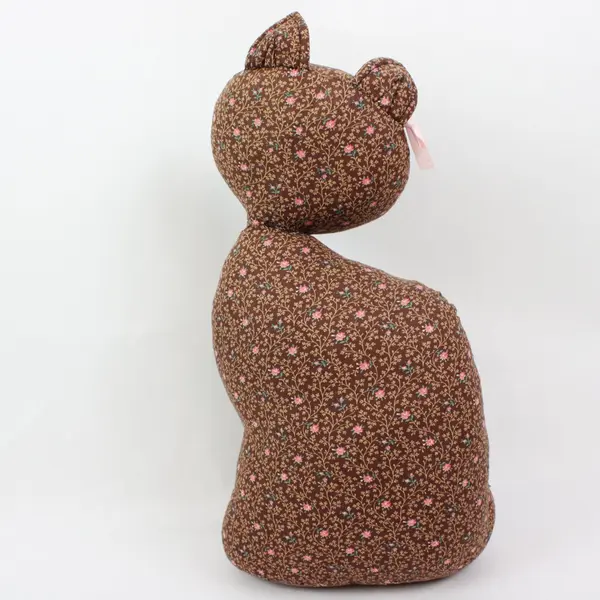 Brown Floral Fabric Cat Plush Stuffed Animal 16in Embroidered