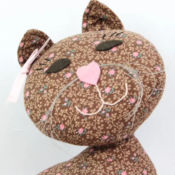 Brown Floral Fabric Cat Plush Stuffed Animal 16in Embroidered