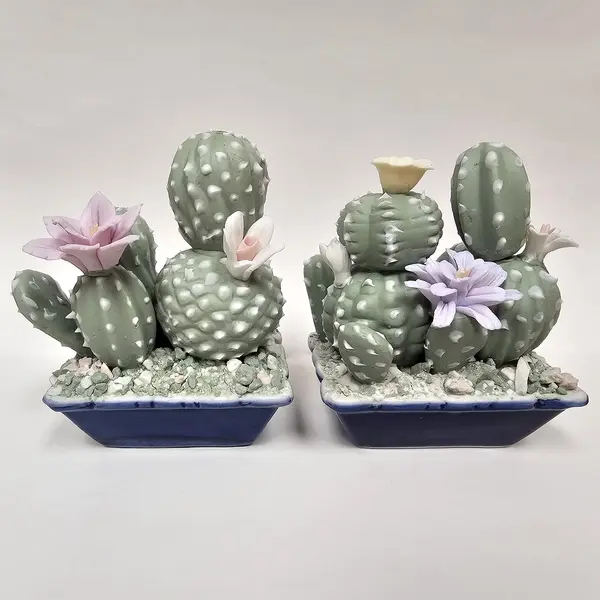 Lot of 2 Ceramic Cactus Figurines with Purple & Pink Flowers