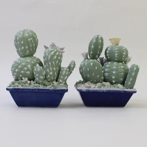 Lot of 2 Ceramic Cactus Figurines with Purple & Pink Flowers