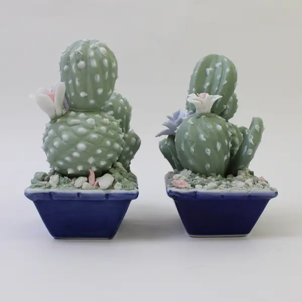 Lot of 2 Ceramic Cactus Figurines with Purple & Pink Flowers